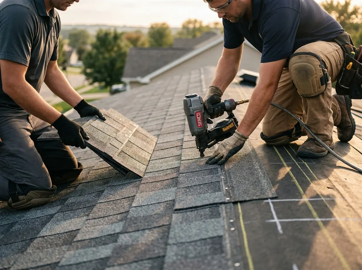 Professional roofer working on a residential roof in Lely Resort